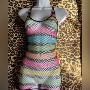 2000s Neon Rainbow Fishnet Bodycon Dress